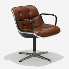 Early Executive chair by Charles Pollock, 1963, molded plastic, leather, enameled steel, chrome-plated steel, enameled aluminum, sold Sep 2019