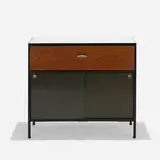 Steelframe cabinet, model 4032 by George Nelson & Associates, 1950, enameled steel, walnut veneer, lacquered Masonite, laminate, aluminum, sold Sep 2019