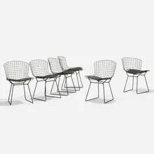 dining chairs, six by Harry Bertoia, 1952, enameled steel, leather, sold Sep 2019