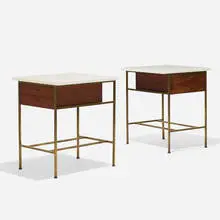 Irwin Collection nightstands, pair by Paul McCobb, c. 1958, mahogany, milk glass, brass, sold Sep 2019