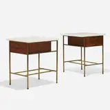 Irwin Collection nightstands, pair by Paul McCobb, c. 1958, mahogany, milk glass, brass, sold Sep 2019