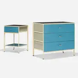 Steelframe cabinet, model 4012 and night stand, model 4052 by George Nelson & Associates, 1950, enameled steel, lacquered wood, laminate over wood, aluminum, sold Sep 2019