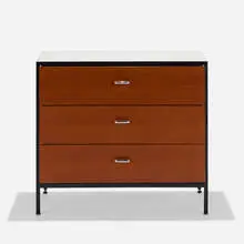 Steelframe cabinet by George Nelson & Associates, 1950, enameled steel, walnut, laminate, chrome-plated aluminum, sold Sep 2019