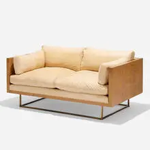 Milo Baughman, settee, c. 1968, burled olive, upholstery, brass