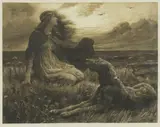 Herbert Dicksee, Untitled, looking longingly out to sea on a windswept day etching on vellum