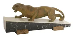 Guy Debe, Untitled, 20th century) An Art Deco panther bronze on a marble and onyx base 60cm wide 28cm high