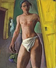 Felix Nussbaum, Mann mit Blume (Modell im Atelier), 1938, Öl auf Leinwand. Randdoubliert