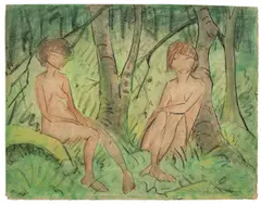 Otto Mueller, Zwei Mädchen im Wald, Um 1925, Aquarell und schwarze und blaue Kreide auf Papier