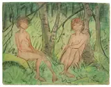 Otto Mueller, Zwei Mädchen im Wald, Um 1925, Aquarell und schwarze und blaue Kreide auf Papier