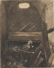 Adolph von Menzel, Gruft der Liebfrauenkirche in Halberstadt, 1853, Pinsel in Schwarz und Braun auf gelblichem Papier
