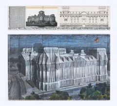Christo, Wrapped Reichstag (Project for Berlin), 1994, 2-teilig: Collage auf Papier und Farbkreide auf Papier, jeweils fest auf Holz montiert und im originalen Acrylglasrahmen