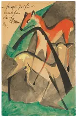 Franz Marc, Rotes und gelbes Reh, 1913, Aquarell, Deckfarbe und Tuschpinsel auf festem Papier (Postkarte an Erich Heckel)