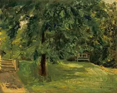 Max Liebermann, Gartenbank unter dem Kastanienbaum im Wannseegarten, 1925, Öl auf Holz