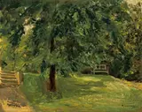 Max Liebermann, Gartenbank unter dem Kastanienbaum im Wannseegarten, 1925, Öl auf Holz