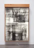 Robert Rauschenberg, Sling-Shots Lit #6 (Black State), 1985, 11-color lithograph and assemblage with a sailcloth, Mylar, a wooden lightbox, a fluorescent light fixture, aluminum, a moveable window shade system, and Plexiglas bars
