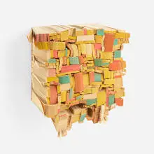 Ann Hamilton, Book Block - The Golden Chance, 2014, paperback book slices, wood, bookbinder's glue