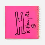 Keith Haring, Tony Shafrazi exhibition catalogue with original drawing, 1982, black marker on spiral bound catalog