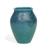 porcelain vase with bright blue fruit blossoms by Katherine Jones for Rookwood Pottery, sold Nov 2021
