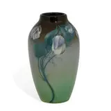 Edward Diers for Rookwood Pottery, earthenware Iris glaze vase with sweet pea decoration