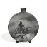Matthew Daly for Rookwood Pottery, Limoges style earthenware pilgrim vase with a scenic landscape