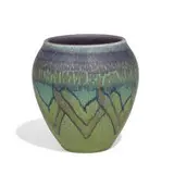 porcelain vase with colorful overlapping chevrons by Janet Harris for Rookwood Pottery, sold Nov 2021