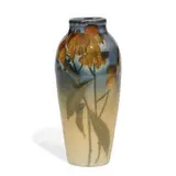 earthenware Iris glaze vase with yellow daisy decoration by Marianne Mitchell for Rookwood Pottery, sold Nov 2021