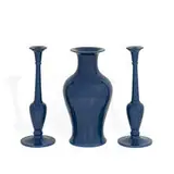 Roseville Pottery, earthenware set in Azurine-Orchid-Turquoise glaze: large vase and candlesticks, pair