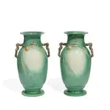 Roseville Pottery, earthenware Pine Cone vases in green, pair