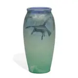 Sallie Coyne for Rookwood Pottery, earthenware Vellum glaze vase with rooks flying amid pine trees