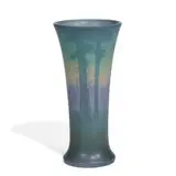 Sallie Coyne for Rookwood Pottery, earthenware Vellum glaze vase with a scenic woodland landscape