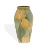 Sara Sax for Rookwood Pottery, earthenware Iris glaze vase with yellow tulip decoration