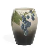 Irene Bishop for Rookwood Pottery, earthenware Iris glaze vase with colorful grape decoration