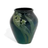 Sallie Coyne for Rookwood Pottery, earthenware Sea Green glaze vase with small white flower decoration
