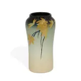 Sallie Coyne for Rookwood Pottery, earthenware Iris glaze vase with yellow Japanese maple leaves