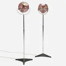 Frank Ligtelijn, Globe floor lamps, pair, 1961, chrome-plated brass, smoked glass, enameled aluminum, aluminum, rubber