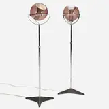 Frank Ligtelijn, Globe floor lamps, pair, 1961, chrome-plated brass, smoked glass, enameled aluminum, aluminum, rubber