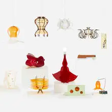Jorge Pardo, Penelope (set of twelve Subscription Lamps), 2003, molded plastic, birch plywood, walnut, pressboard, laminate over plywood, chrome-plated steel, polyurethane foam, acrylic, plywood, stained pressboard