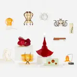 Jorge Pardo, Penelope (set of twelve Subscription Lamps), 2003, molded plastic, birch plywood, walnut, pressboard, laminate over plywood, chrome-plated steel, polyurethane foam, acrylic, plywood, stained pressboard