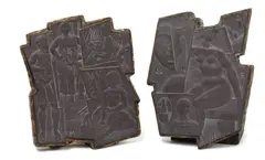 John McKenzie, John McKenzie (1897-1972) '13 Music'; 'Moonshot' signed with initials, carved slate 18cm high overall (2)