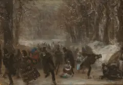 Adolph von Menzel, Schlittschuhläufer (im Tiergarten in Berlin?), Um 1855, Schwarze, weiße und farbige Kreide auf braunem Papier, auf Karton aufgezogen