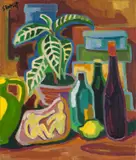 Karl Schmidt-Rottluff, Stilleben mit Flaschen und Blattpflanze, 1952, Öl auf Leinwand
