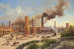 Karl Eduard Biermann, Borsigs Maschinenbau-Anstalt zu Berlin, 1847, Öl auf Leinwand. Doubliert
