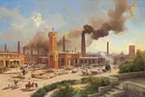 Karl Eduard Biermann, Borsigs Maschinenbau-Anstalt zu Berlin, 1847, Öl auf Leinwand. Doubliert