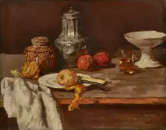 Carl Schuch, Ingwertopf mit Orangenhälfte, Um 1885, Öl auf Leinwand. Doubliert
