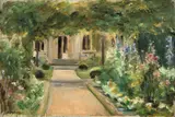 Max Liebermann, Die Blumenterrasse im Wannseegarten nach Nordwesten“. 1915 (?), Öl auf Leinwand