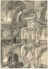 Adolph von Menzel, Inneres der Stiftskirche zu Einsiedeln, 1881, Bleistift, gewischt, auf Velin, auf Japan aufgezogen