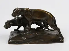 Michael Six, Two Panthers, 1920s, Patinated bronze