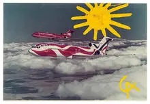 Alexander Calder, Untitled (Sun over Braniff Plane), c. 1975, Photograph with hand-painted additions