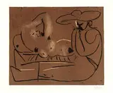 Femme Couchée et Homme au Grand Chapeau by Pablo Picasso, Color linocut print on Arches paper, sold Oct 2019