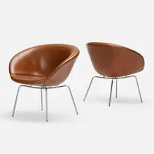 Pot chairs, pair by Arne Jacobsen, 1959, leather, matte chrome-plated steel, sold Jul 2019